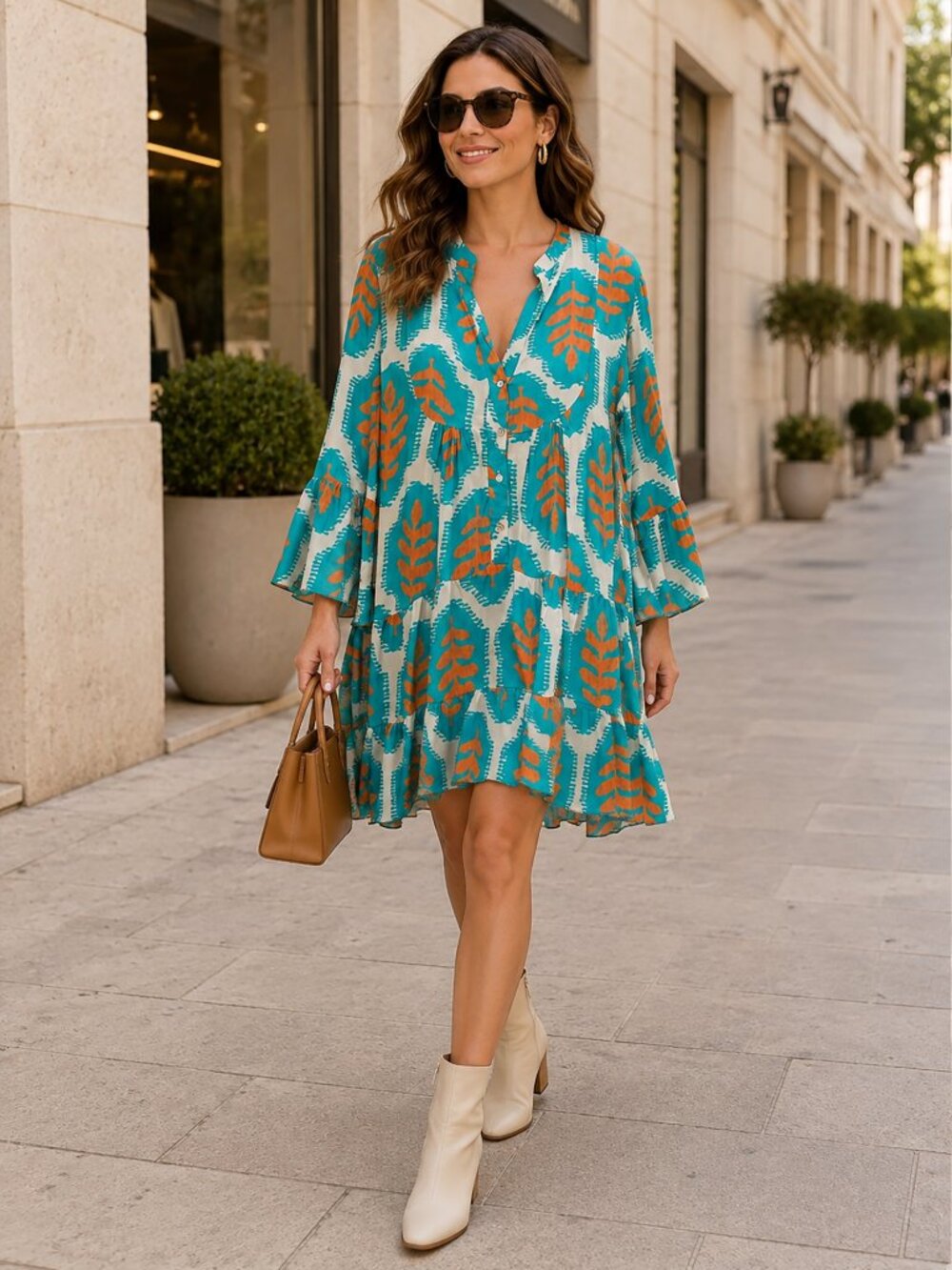 Made in Italy Boho Tiered Mini Dress M Turquoise Orange 100% Viscose